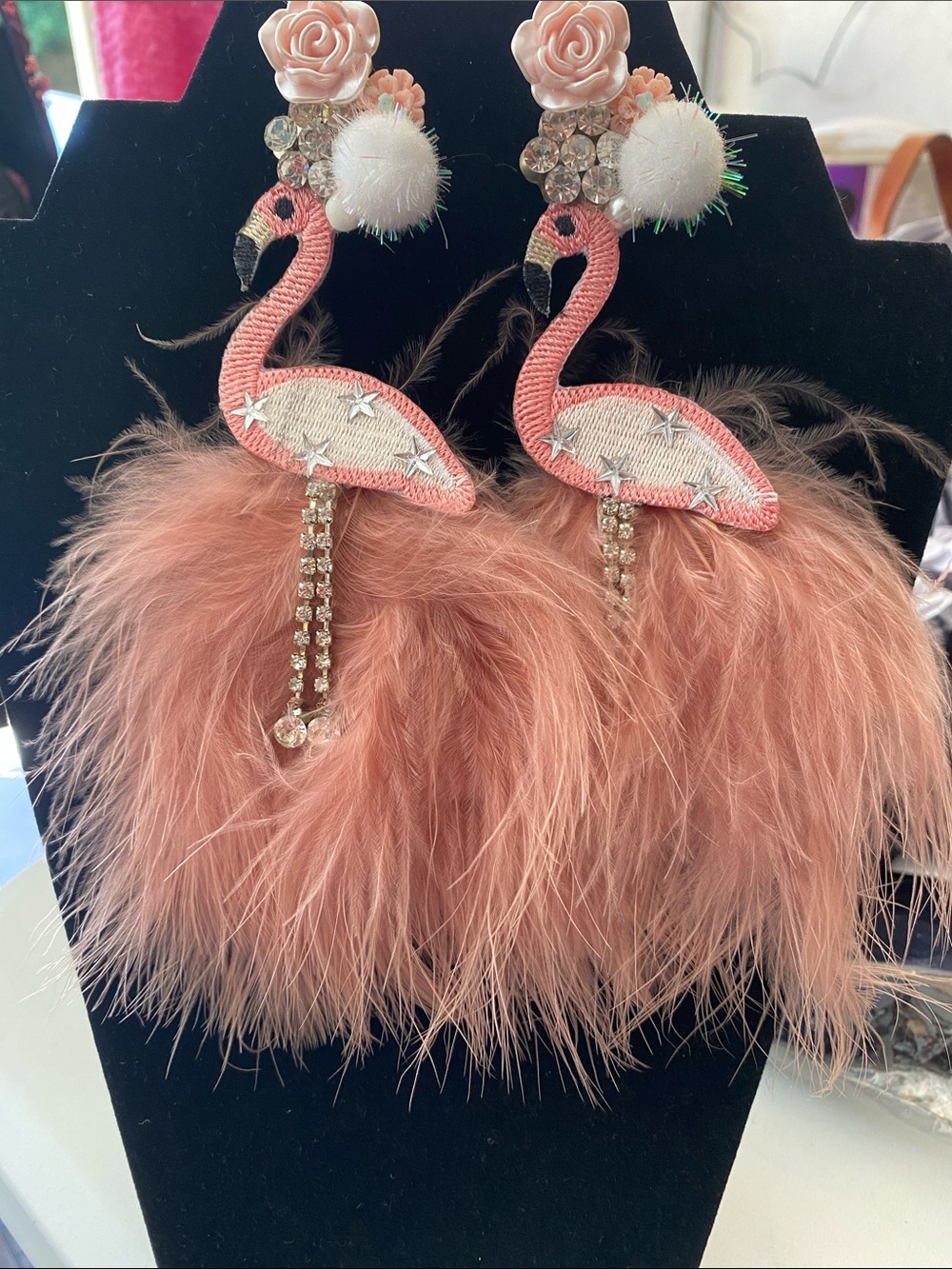 Handmade Pink Flamingo Feather Drop Earrings